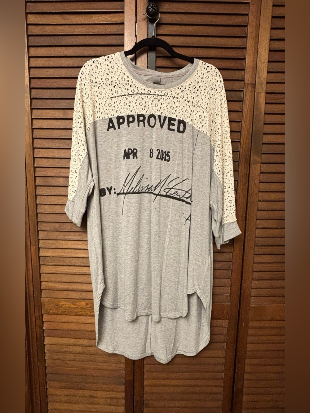 Melissa McCarthy Seven7 Gray 'APPROVED' Graphic Tunic with Cream Lace Yoke